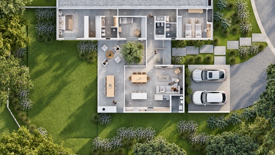 Planta de la casa vista desde arriba y sin techo: la barra de dormitorios arriba, el patio con el árbol en el medio, el comedor, la cocina y el estar abajo, y la cochera para dos autos a la derecha.